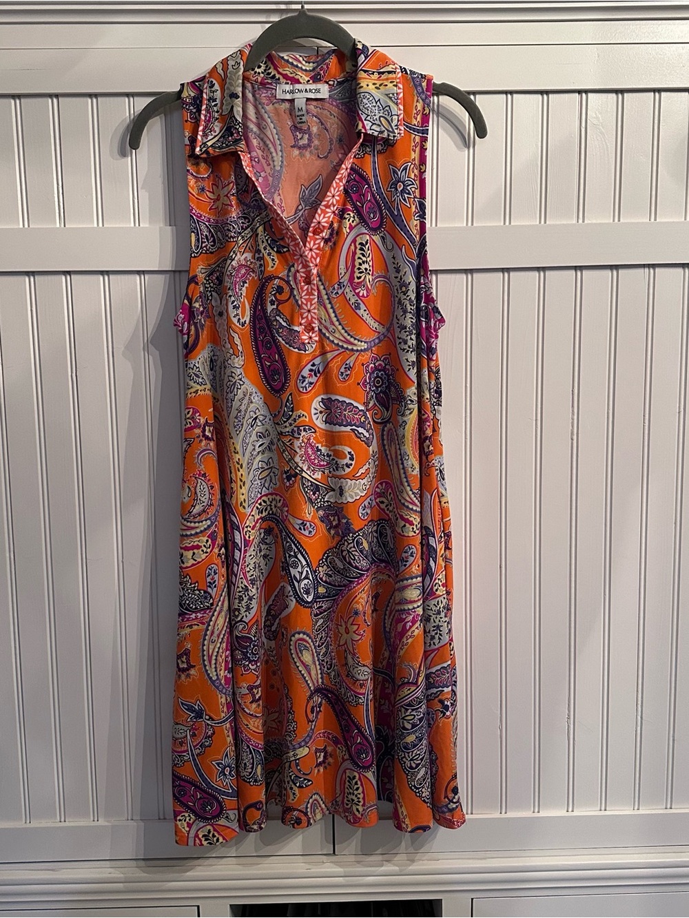 Harlow and Rose Sleeveless Orange Paisley Midi Dress with Collared V-Neck Size M